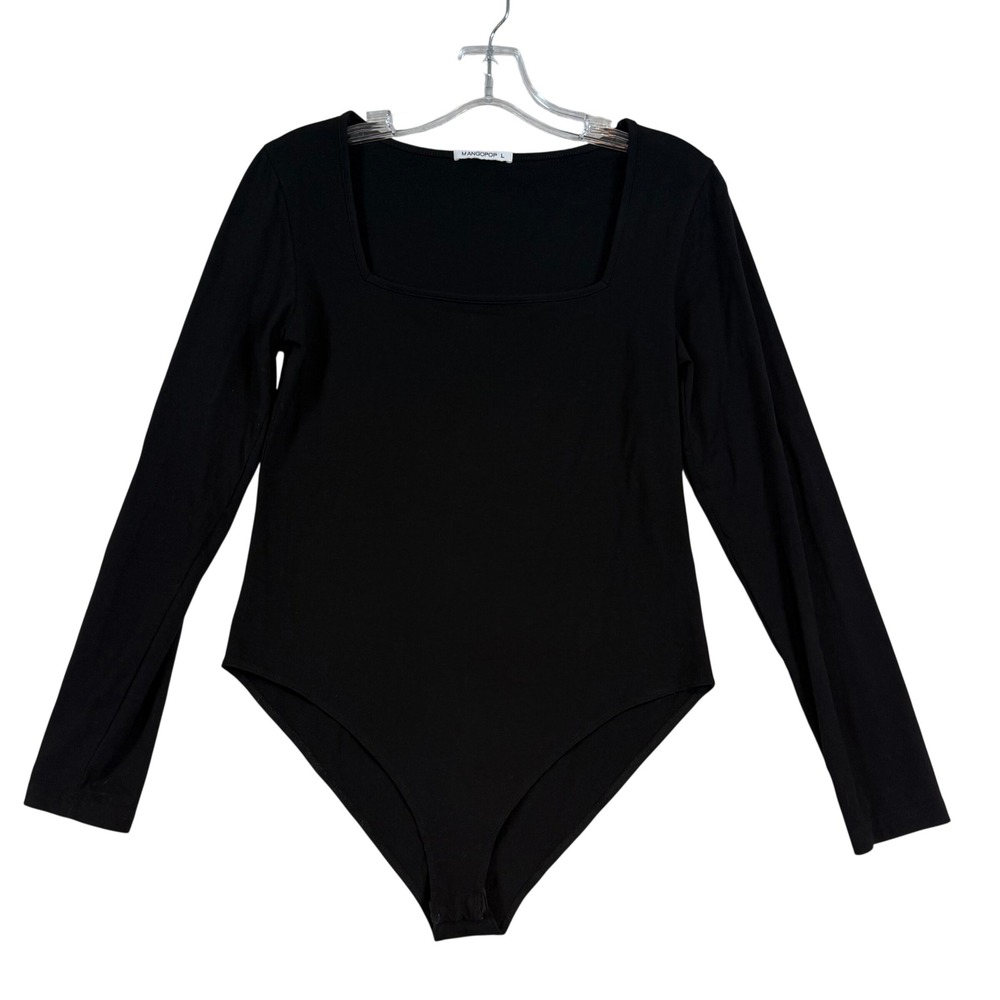 Mangopop Womens Square Neck Long Sleeve Bodysuit Black Size L Slim Fit Layering